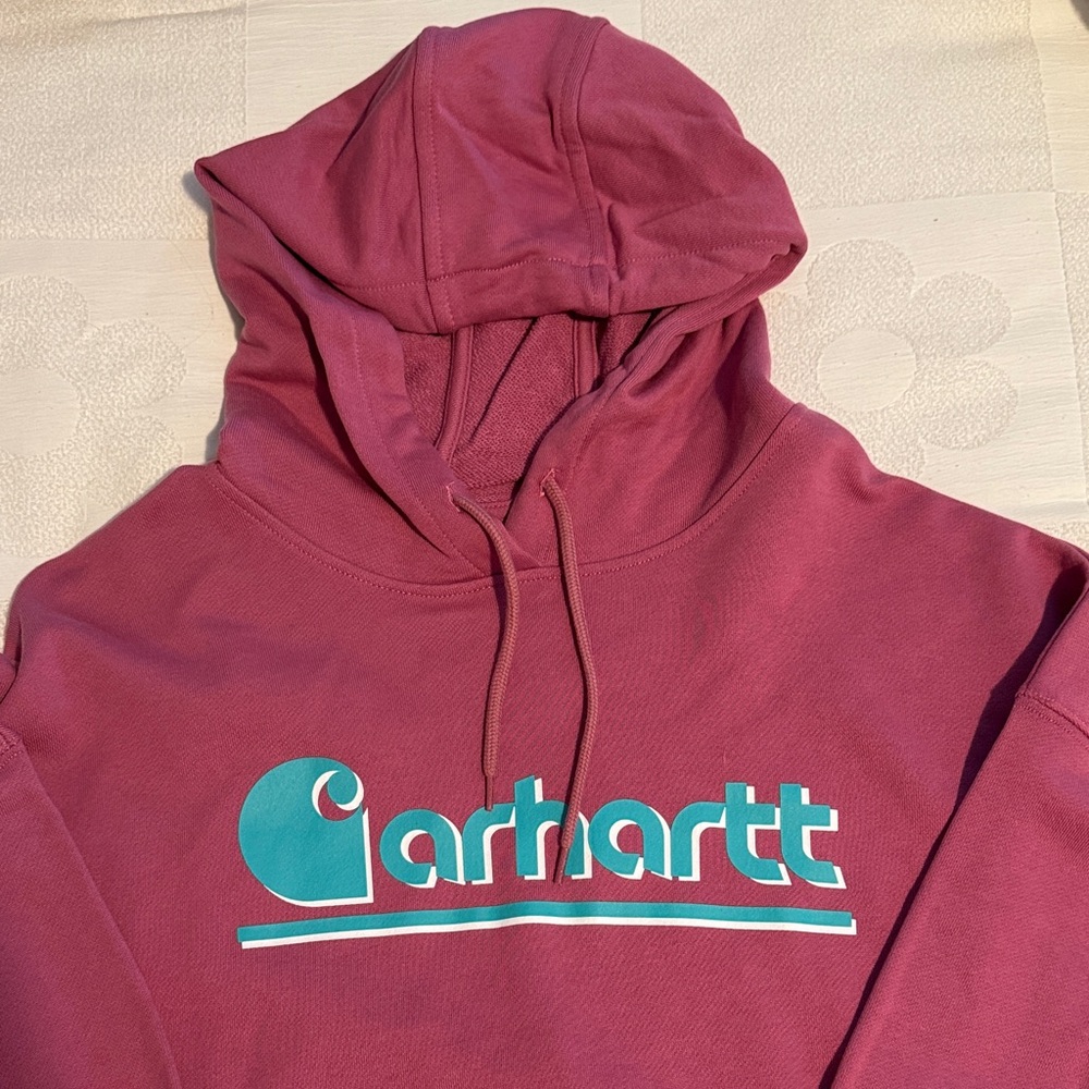 Carhartt Raspberry Hoodie with Teal Logo